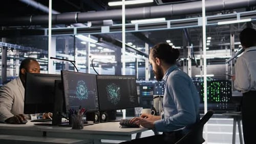 Data Center System Administrator Talking with Coworker in Office