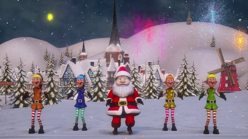 Santa Claus and Dancing Elves Celebrate Christmas with Festive Fireworks