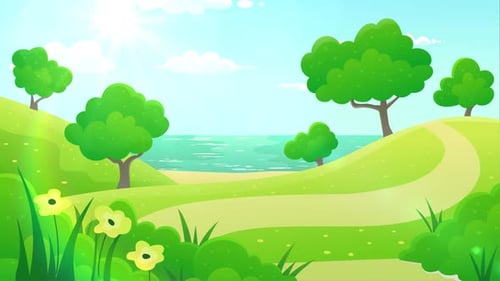 Animated Cartoon Nature Landscape with Hills and Ocean