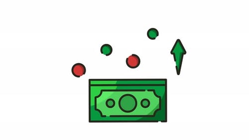 Bill with red and green circles flying around it and an arrow pointing upwards.