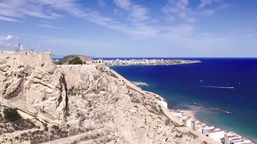 Drone view of coast and Santa Barbara Castle, Alicante Spain