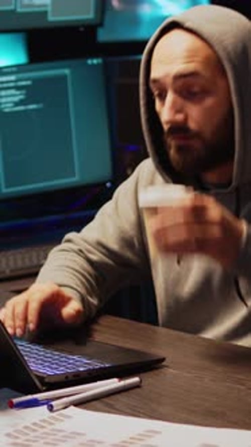 Ladrão de vídeo vertical hackeando senha para quebrar a interface do servidor