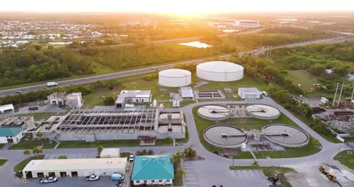 Aerial View of Water Treatment Plant at Sunset