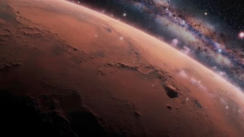 Blick auf die Oberfläche des roten Marsplaneten aus dem Weltraum — Realistische Marslandschaft mit kosmischem Hintergrund