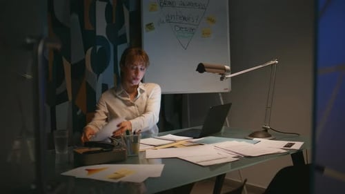 Overworked Secretary Checking Papers Working Night Office Woman Doing Paperwork