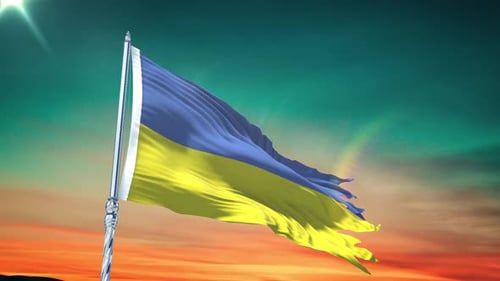 Realistic Waving Ukraine Flag Against Dramatic Sunset Sky