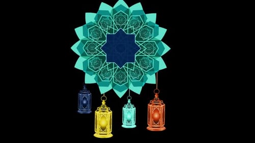 Animated Islamic Geometric Star with Hanging Lanterns