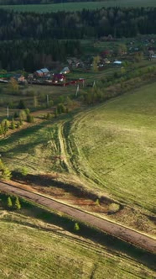 Rural Landscape with a Tiny Village Green Fields and Trees Clip Agricultural Landscape with