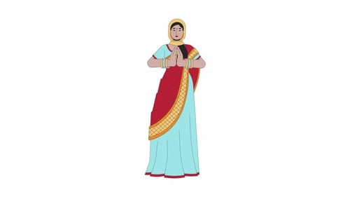 Saree young woman praying on Diwali cartoon animation
