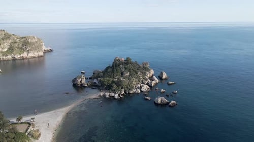 Aerial view of Isola Bella, Taormina, Messina, Sicily, Italy.