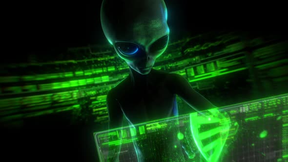 3D Alien Interacting with Futuristic Holographic Science Display ...
