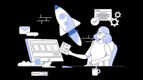 A woman working on a computer with a rocket graphic, modern design.