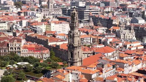 City of Porto, Portugal, Drone Shot of Clerigos Church Town and Old Town Buildings