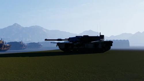 3D Military Tanks Convoy Moving in Desert Landscape