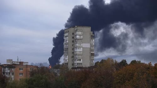 Fire As a Result of Rocket Fire on a City in Ukraine