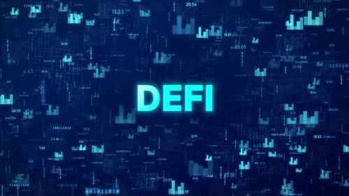 DeFI Concept over animated stock market background with chart, numbers and matrix codes