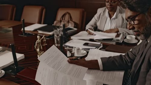 Lawyers Office CEO Checking Agreements Made up by Attorney During Meeting