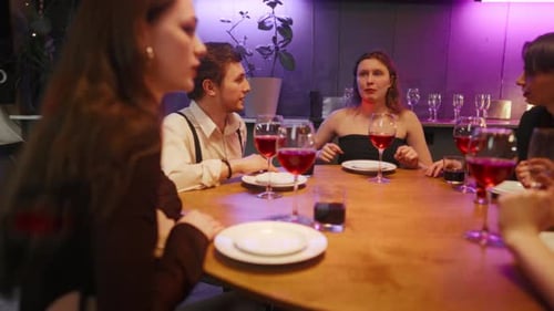 Meeting of Friends in Restaurant Young People Clinking Glasses Bday Party Happy Adult Men and Women