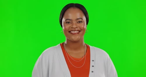 Face, green screen and black woman with a smile, funny and laughing on a studio background