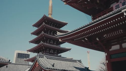 Five Story Pagoda At Senso Ji Temple In Asakusa, Tokyo, Japan - Low Angle Shot
