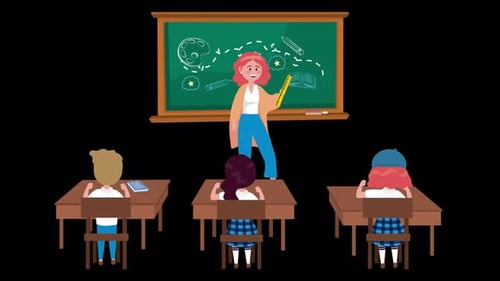 Woman Teacher With Girls And Boy Students Alpha Channel