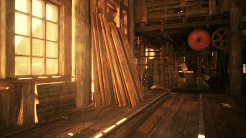 Sunlight Streaming Through Windows in a Rustic Woodworking Shop Interior