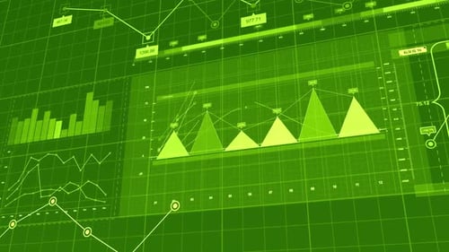Digital financial charts showing green market data analysis