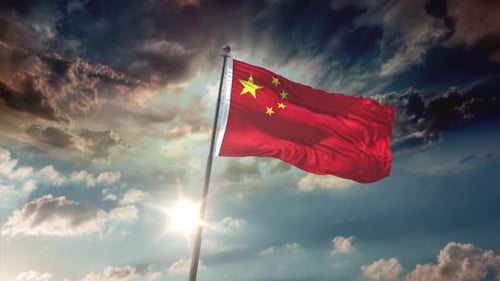 Realistic China National Flag Waving on Pole with Dramatic Sky