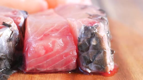 Close-up of Rectangular Cuts of Raw Fish