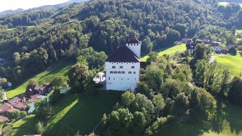Beautiful view of top to Werdenberg castle. View from drone, quadrocopter to the medieval castle