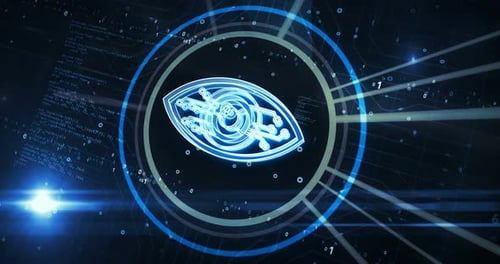 Futuristic Digital Eye Icon with Flowing Binary Data