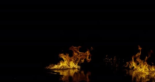 Ignite Collection: Huge fire waves circle over water from bottom corners on a dark background, shot
