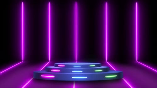 Realistische 3D-Bühne und Lichteffekte, die sich im Hintergrund bewegen. Spotlight-Animation mit Bühne und Neon