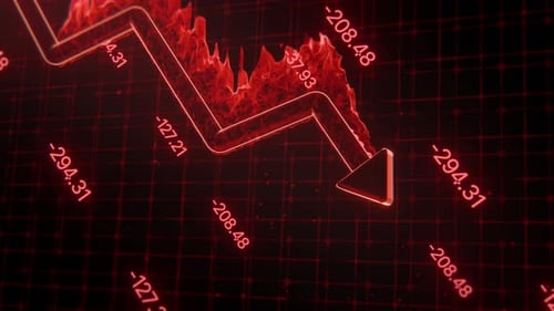 Red line graph financial market crash with negative trend symbols. Suitable for financial articles.