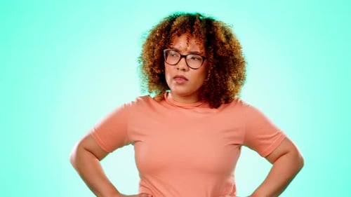 Confused, idea and problem with black woman in studio for thinking, solution and uncertainty