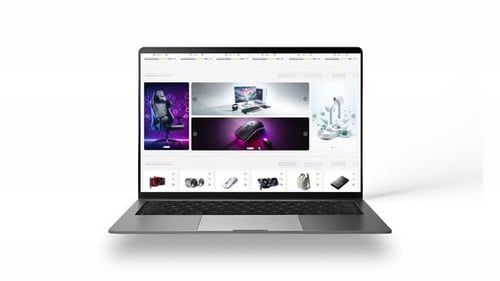 Gaming products website animation. E-commerce and shopping products. Laptop mockup