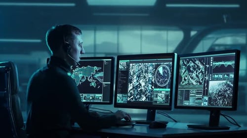 Military Soldier Operating Advanced Technology in a Command Center