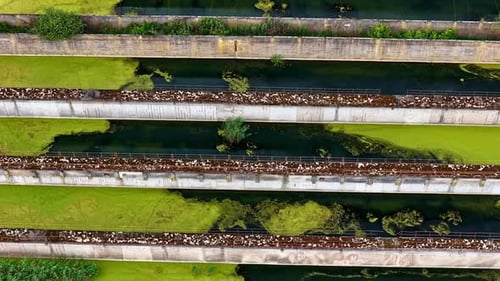Aerial View of Wastewater Treatment Pools and Facilities