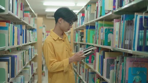 Young University Male Searching For A Book In A Library.