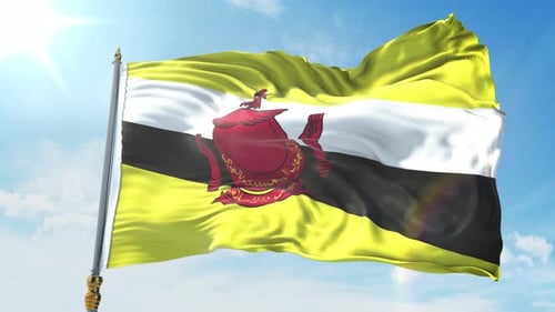 Brunei Darussalam National Flag Waving with Bright Blue Sky