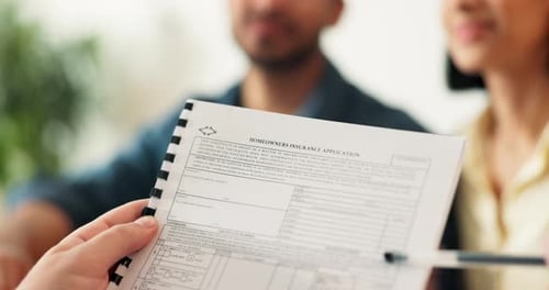 Broker, hands and paperwork with couple discussion together for investment, mortgage or planning