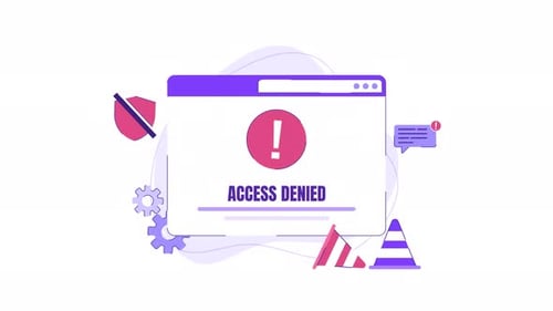 Access denied animation shield, gear, and cones, ideal for illustrating blocked access.
