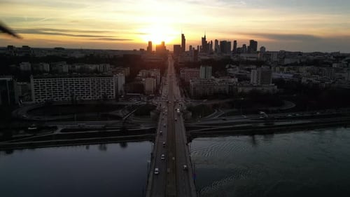 Aerial video over the Switokriski bridge, and the city of Warsaw in the background. Poland