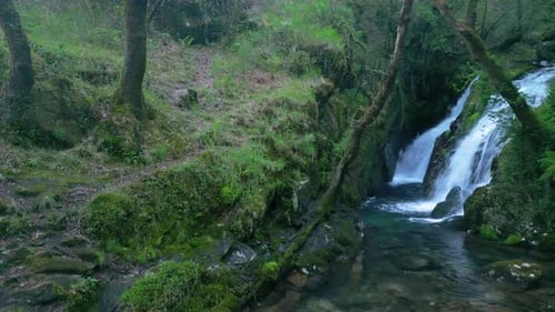 Hidden Waterfalls Flowing From Mossy Rock Mountains In Santa Leocadia, Mazaricos, Galicia Spain. Pul