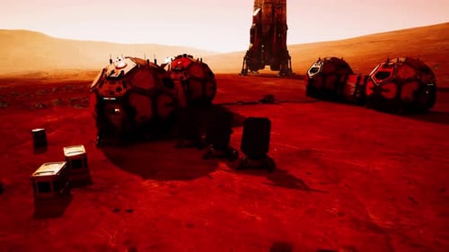 Exploration of a Martian Base with Habitats and Equipment Under the Red Sky