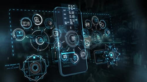 Interface futuriste avec analyse des données et activités commerciales