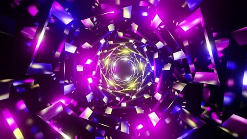 Ein endloser Tunnel aus geometrischen Formen dreht sich mit blauen und violetten Blitzen zu einem musikalischen Rhythmus vj