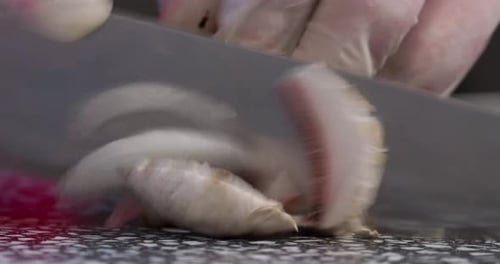 Mushroom sliced in close up on table top