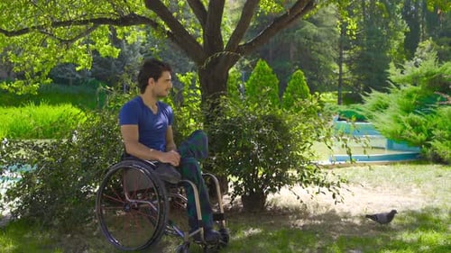 Young disabled person sitting in wheelchair outdoors.