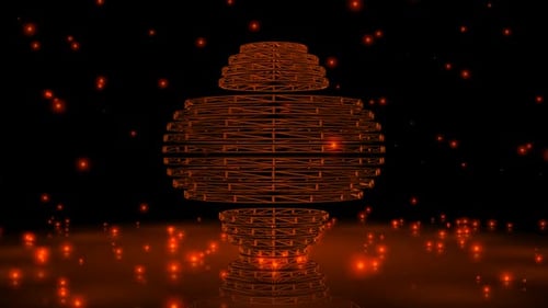Hintergrund mit fallenden orangefarbenen Partikeln, 3D-Render, Exklusiv, Reflexion, Wireframe of Shape